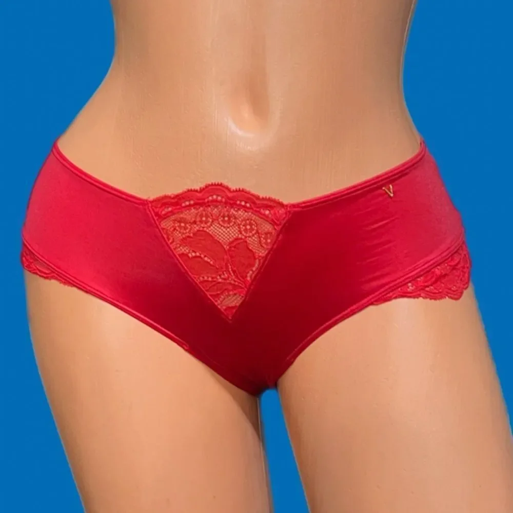 Victorias Secret Very Sexy Smooth Satin Micro Lace Insert cheeky panty Red S